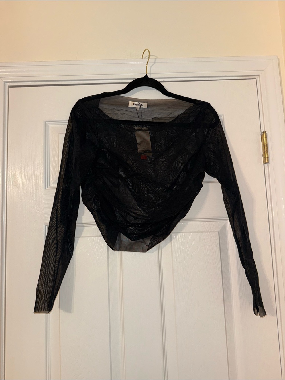 Sheer Black Long-Sleeve Draped Mesh Blouse